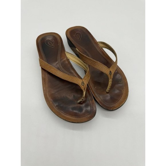 Olukai‎ Wedge Tan Leather T-Strap Summer Sandals Women's 10.5 - Picture 1 of 3